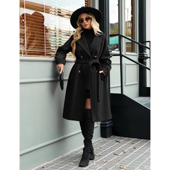 ⚡Women's Black Mid length Autumn and Winter Long Trench Coat With Belt Elegant - Picture 7 of 8